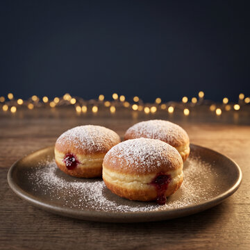 Jam Filled Doughnuts with Powdered Sugar and Festive Lights