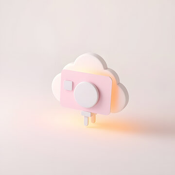 Cute Pink Camera with Cloud Storage Icon for Digital Photography and Media Backup Concept