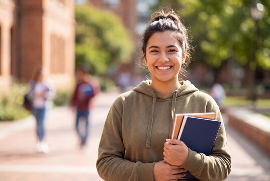 Smiling Young Female Student Holding Notebooks on College Campus