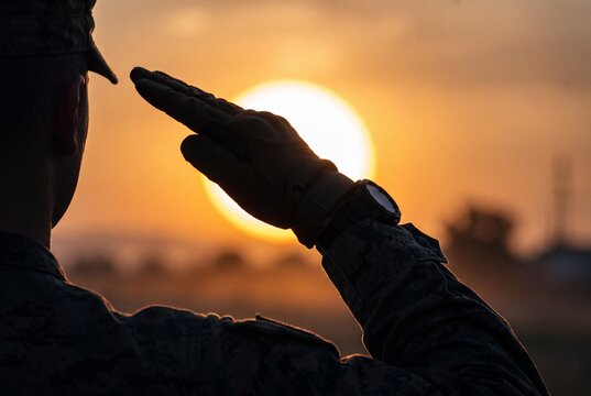 Military Soldier Saluting at Sunset Silhouette for Honor and Respect