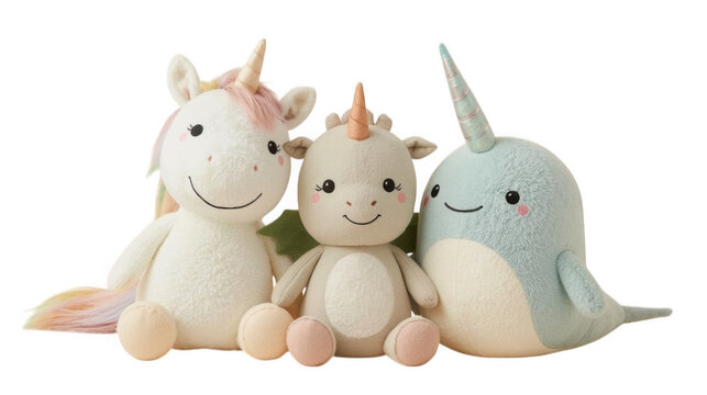Three plush fantasy characters&mdash;a unicorn, a mermaid, and a narwhal&mdash;sitting side by side on a transparent backdrop.