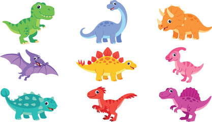 Cartoon Dinosaur Set with Various Species, Vibrant Colors, and Playful Poses © Sams