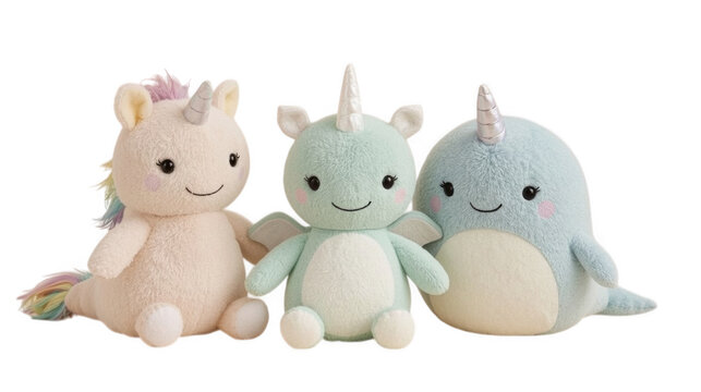 Three plush fantasy creatures&mdash;a unicorn, mermaid, and narwhal&mdash;posed together against a neutral background.