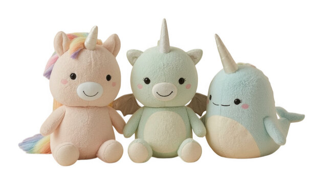 Three plush stuffed animals featuring a unicorn, narwhal, and mythical sea creature arranged on a neutral background for children's decor.