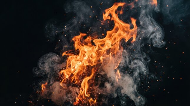 Dynamic orange flames and ethereal grey smoke swirl against a dark background with rising sparks