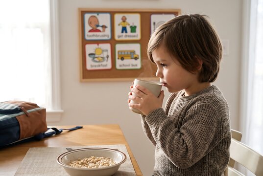 Child Drinking Breakfast Independently Before School