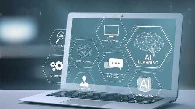 A modern laptop displays various concepts related to artificial intelligence, showcasing infographics on deep learning, natural language processing, and technology innovations. Salient