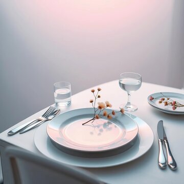 Minimalist table setting, stark white plate, silver cutlery, water, dried flora, high-key studio,  natural texture,  macro