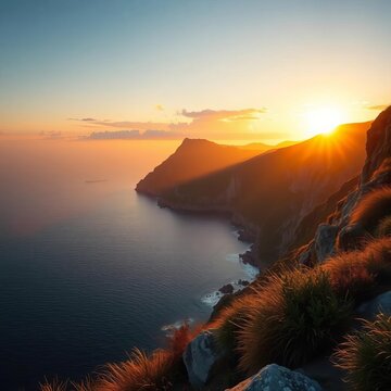 Gilded summit fades to twilight's embrace, a tranquil coastal vista, inviting exploration,  unique,  vista