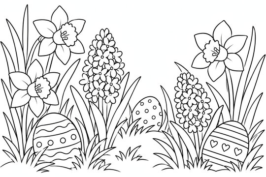 Spring Garden with Flowers and Easter Eggs Line Art, Generative AI