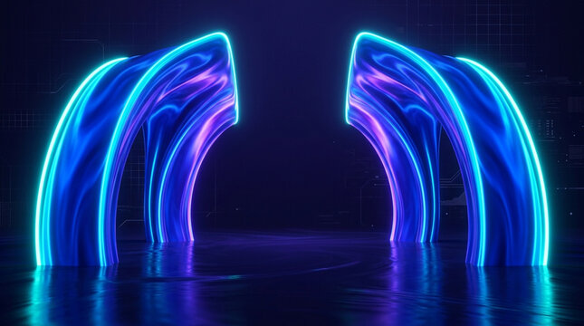 Futuristic neon-lit archway installation with vibrant glowing curves in a dark setting emphasizing modern digital art and