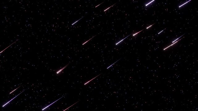 流れ星がピンクとパープルの幻想的な光を放ち夜空を艶やかに横切るループ動画。コスメティック広告、美容サロンのWeb背景、魔法世界を描くゲーム演出に最適なシネマティック素材
