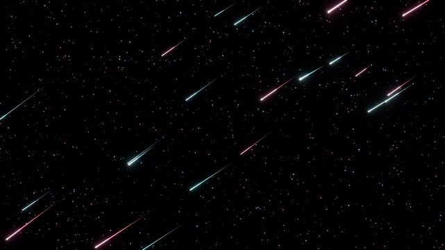 流れ星がシアンとピンクのネオン色に輝き夜空をスタイリッシュに駆けるループ動画。音楽フェス、デジタルサイバー企画、若者向けプロモーションに映える洗練シネマティック素材
