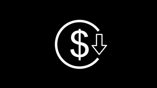 Reduce cost concept with dollar and down arrow animation,decrease icon. Reduce costs sign and symbol design background.Motion graphics of concept