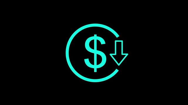 Reduce cost concept with dollar and down arrow animation,decrease icon. Reduce costs sign and symbol design background.Motion graphics of concept