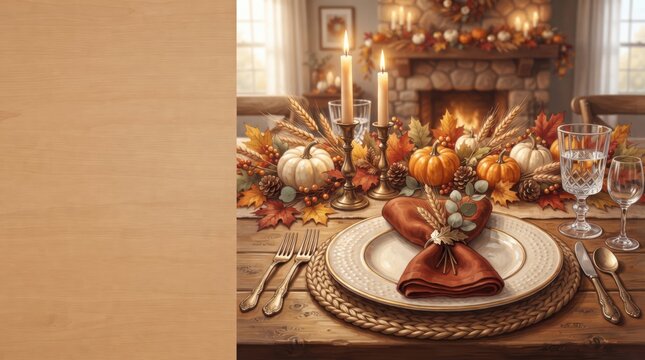 Thanksgiving dinner table setting with copy space