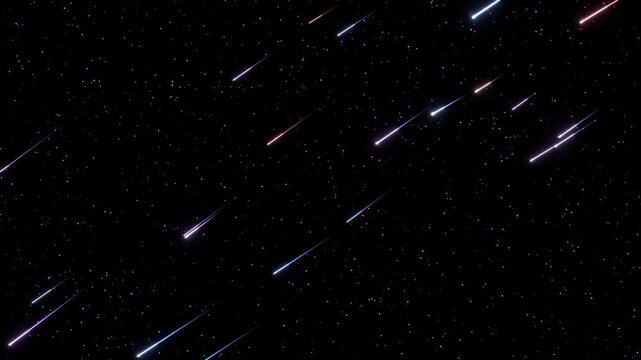 流れ星がピンクとパープルとブルーの美しいグラデーションを描くループ動画。ファンタジーアニメ、プラネタリウム映像、音楽ライブの背景演出に映える幻想的シネマティック素材