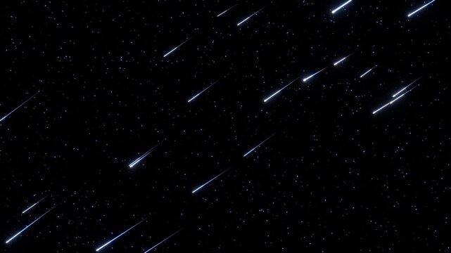 サファイアブルーの深遠な光を纏う流れ星が夜空を厳かに流れるループ動画。天文学・宇宙開発プロモーション、科学技術のプレゼン、シックなWeb背景に最適なシネマティック素材