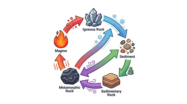 Educational Rock Cycle Diagram featuring colorful vector icons of geological stages with directional arrows. Ideal for science textbooks and geology presentations.