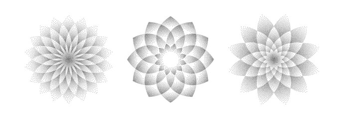Obraz premium Stippled mandala flower background set. Dotted ornament collection. Noise grain shapes. Pixel floral petals decoration. Vector radial dotwork pattern design for tattoo, poster, clothes, badge, sticker
