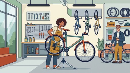 Obraz premium Bicycle repair shop scene with mechanic servicing a bike and customer holding coffee, ideal for marketing and business concepts