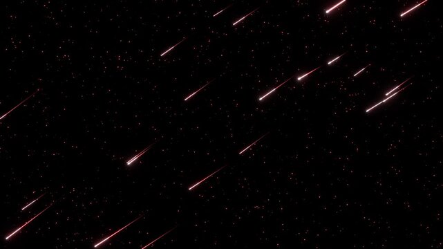 情熱的なルビーレッドの光を放つ流れ星が夜空を力強く横切るループ動画。クリスマスセール、バレンタインキャンペーン、新作発表会のインパクトある演出に最適なシネマティック素材