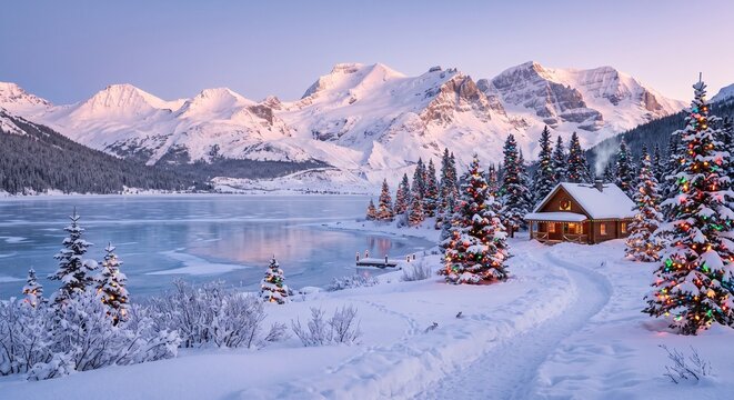Christmas cabin with decorated trees by a frozen mountain lake at sunset with copy space