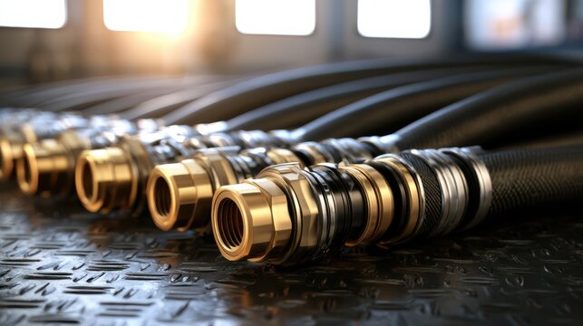 Close-up of metal and rubber industrial hose connectors lined up on a textured surface with sunlight in the background.