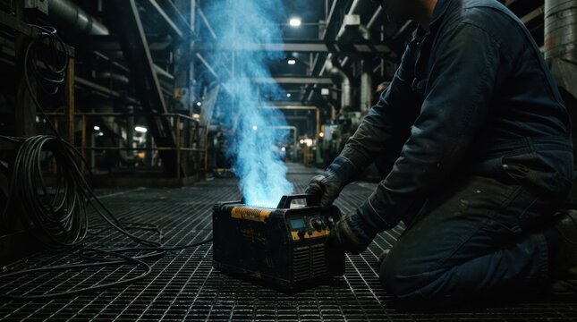 Worker in dark overalls crouches on metal grating floor operating compact machine emitting glowing blue vapor in dimly lit industrial factory