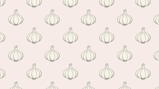 Garlic cloves pattern, hand-drawn illustration, culinary ingredient, healthy food.