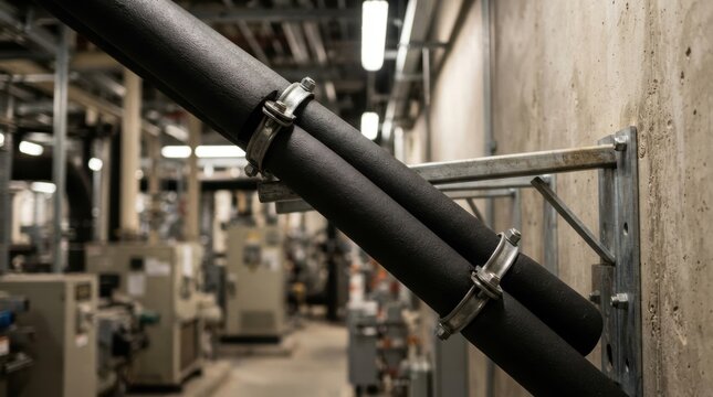 Black insulated pipes secured by metal brackets on industrial concrete wall