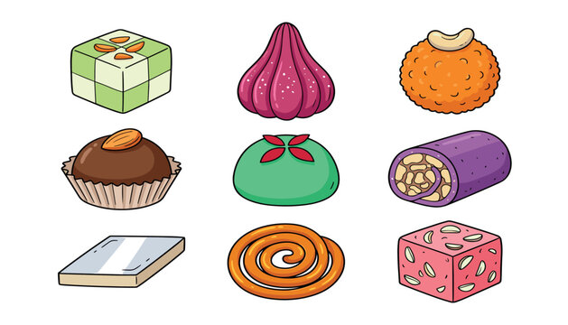 Traditional Indian sweets vector illustration set with laddu modak jalebi kaju katli and barfi designs
