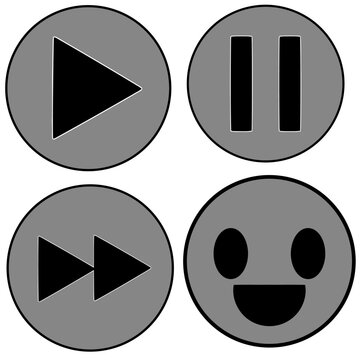 Set of grey media player control buttons with a smiley face icon