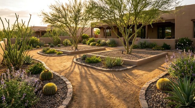Desert garden courtyard with cactus and trees near a modern home in arizona. arizona yard