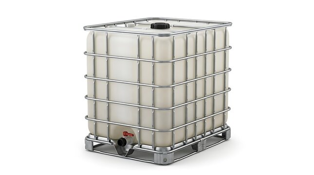 Large plastic liquid storage container with metal frame and pallet base for industrial use