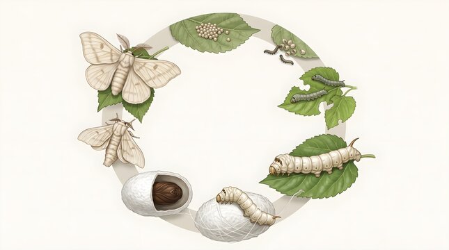 Silkworm silk moth life cycle with caterpillar leaf cocoon and adult moth.