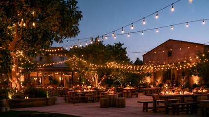 Fototapeta premium Empty Outdoor Venue Glowing Warm Under String Lights At Dusk