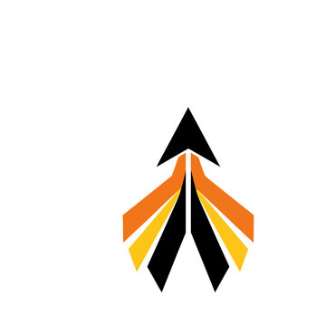Abstract arrow shape with orange, yellow, and black stripes