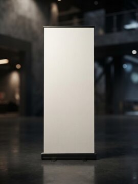 Luxury roll-up banner standee mockup positioned inside a sophisticated black exhibition booth, blank light white banner