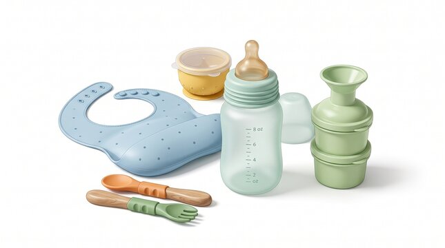 Baby feeding essentials including a blue bib, bottle, spoons, and storage containers on a white background