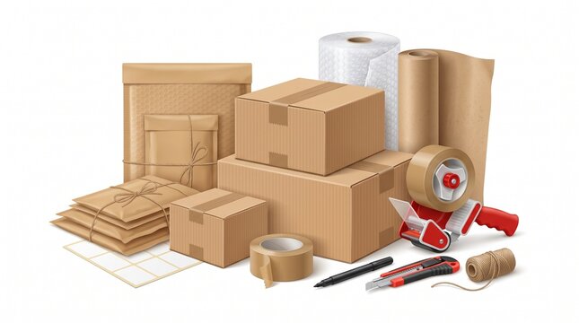 Shipping and Packaging Supplies Collection Including Cardboard Boxes Padded Envelopes Bubble Wrap Tape and Tools Isolated on White Background