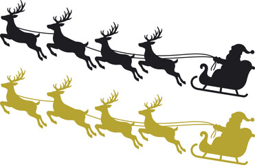 Obraz premium Black and gold silhouettes of santa claus flying in his christmas sleigh