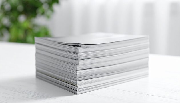 Tall stack of thin magazines resting on a clean white table with soft natural light copy space