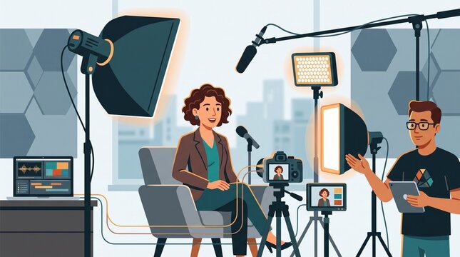 Woman being interviewed in a professional studio with video production equipment and crew member