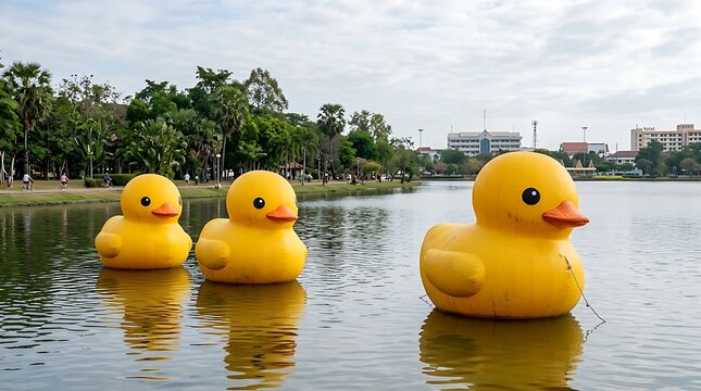 Giant inflatable rubber ducks float serenely on a calm lake under a cloudy sky