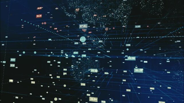 Dark futuristic digital network with glowing nodes and connections, global technology and cyber space background