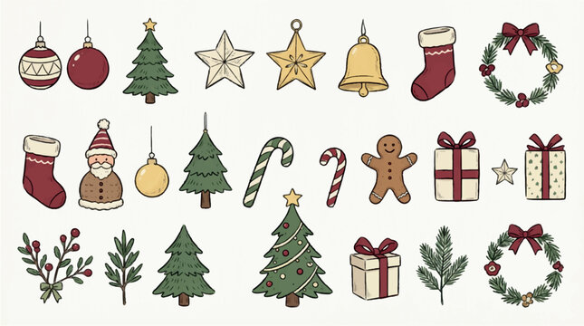 Traditional christmas icons and holiday doodles set vector collection.
