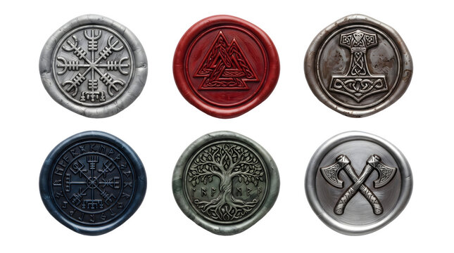 Set of six norse mythology wax seal stamps with viking symbols isolated on transparent background