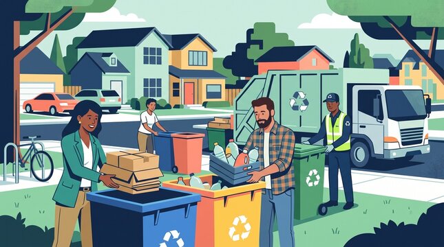Diverse community members participate in curbside recycling collection with a modern garbage truck on a suburban street
