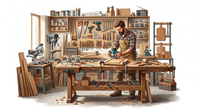 Skilled Carpenter Crafting Wood Furniture in a Well-Equipped Workshop for Commercial Projects